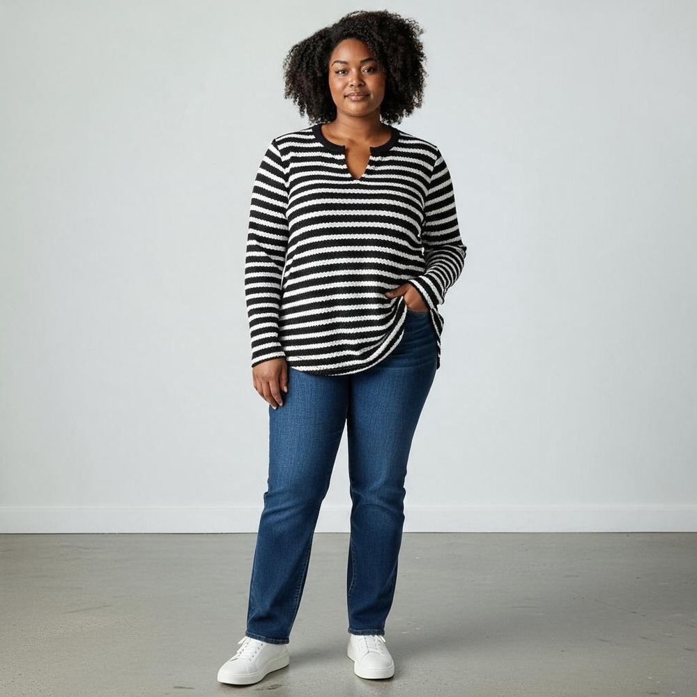 Torrid Waffle Knit Top Women Size 00 Black White Striped Split Neck Long Sleeve